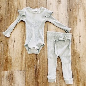 Ribbed and Ruffled Blue Long Sleeve Pant Set